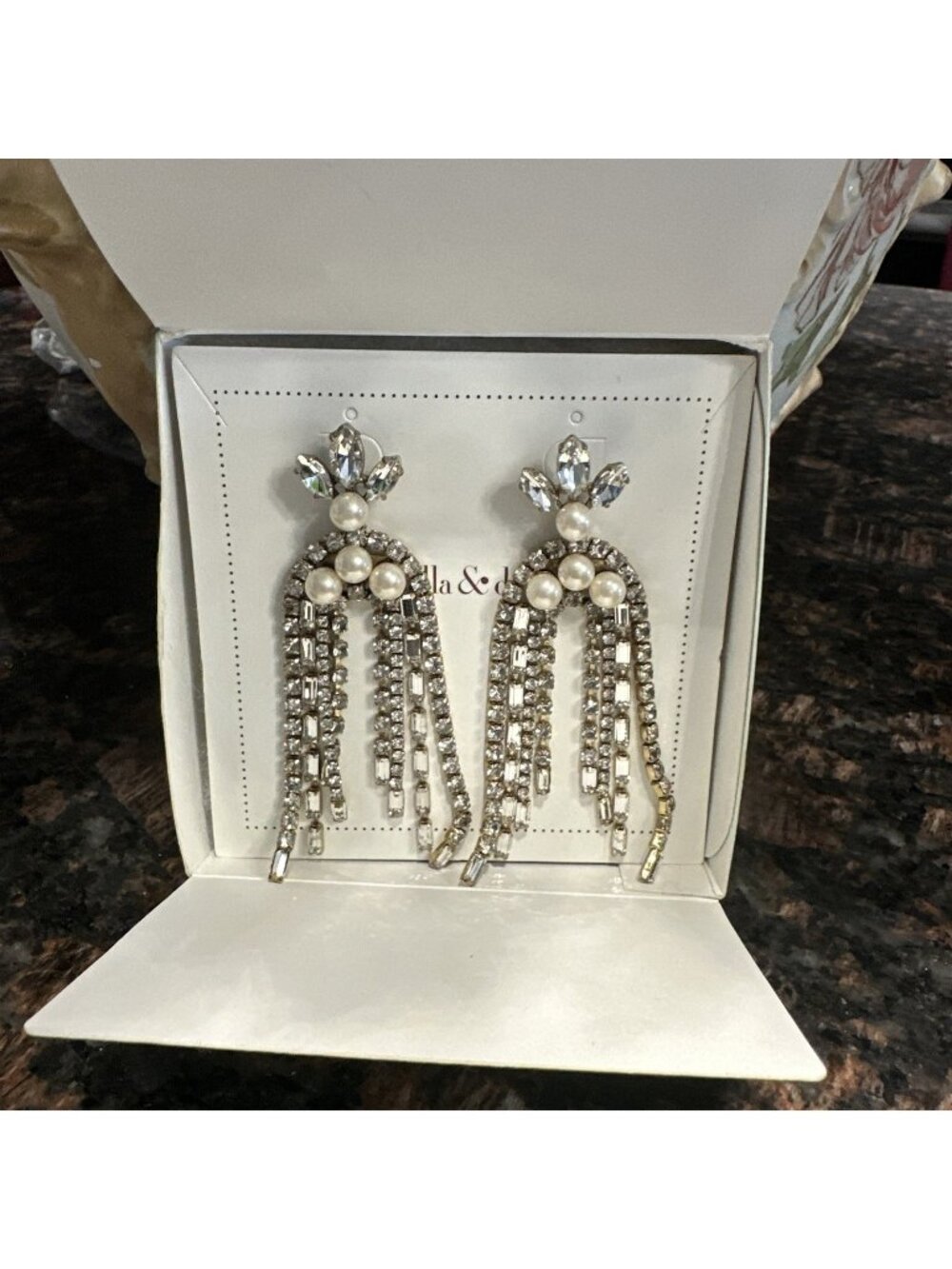 Stella & Dot Faux Pearl & Crystal Waterfall Drop Earrings New In box